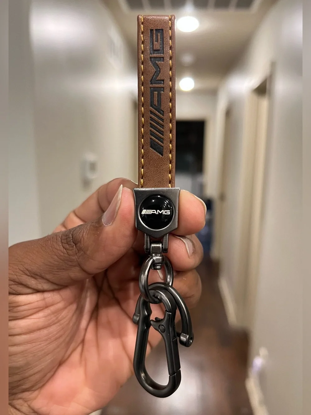 MERCEDES BENZ /////AMG Brown Leather Dark Gray Keychain